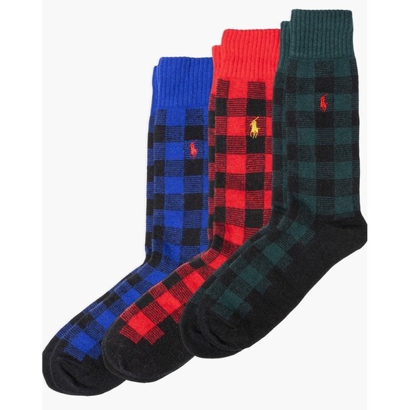 New $78 POLO RALPH LAUREN Men Pony Buffalo Check Plaid Wool Blend 3 Pack Socks - Picture 1 of 7